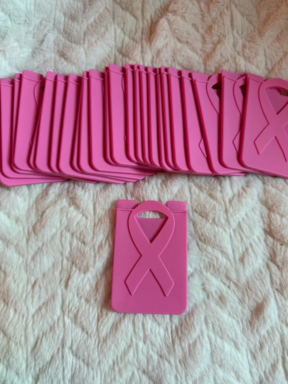 Hot Pink Silicone Phone Card Pocket with Ribbon Emblem breast, cancer awareness